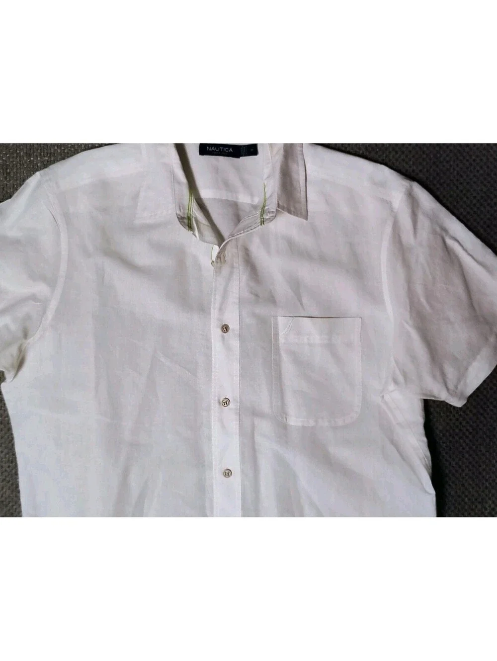 Nautica White Shirt Short Sleeve Cotton Ramie Linen Blend Pocket Men's Size M